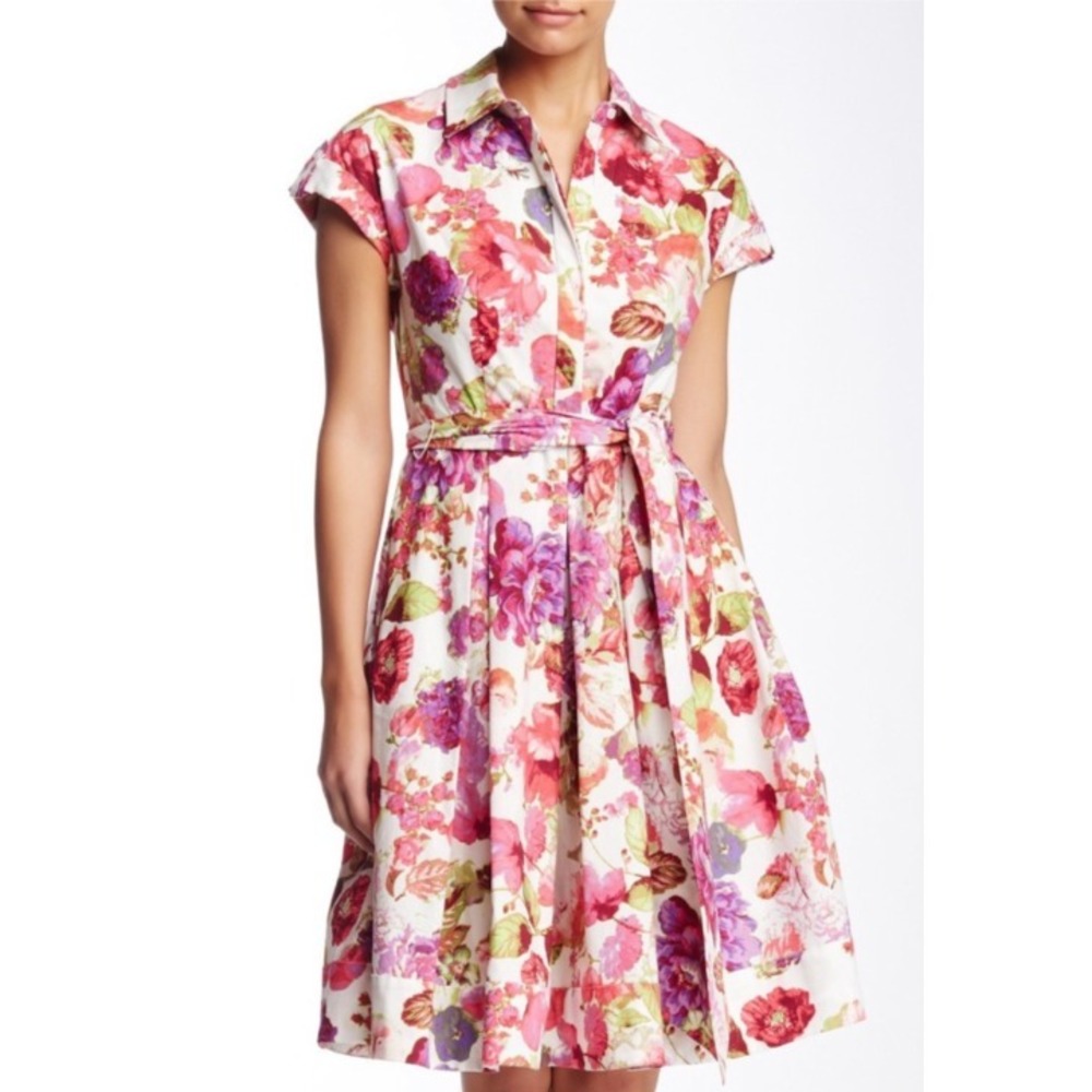 Eliza J Floral Dress Midi Women 4 Pink Purple Fit Flare Belt Pocket Lined Cotton - Picture 2 of 11